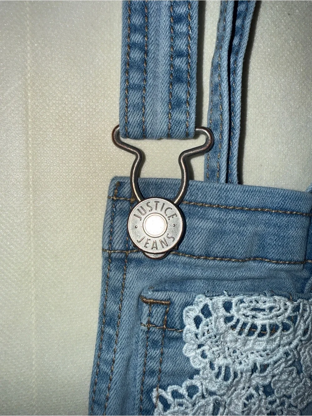 Justice Light Blue Denim Overalls with White Lace Appliqué